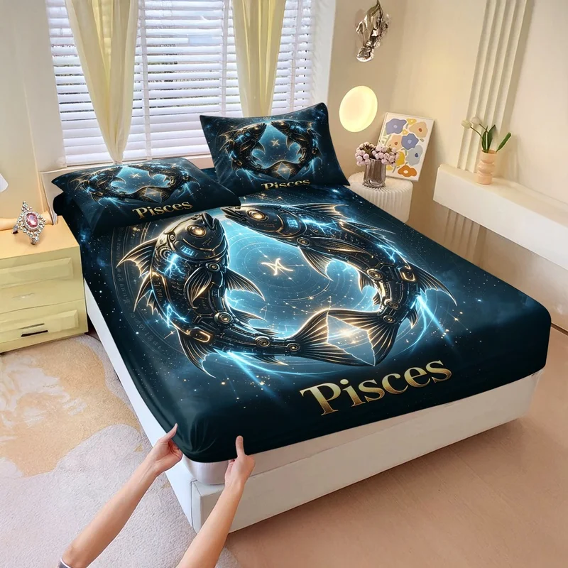 3Pcs Fitted Sheet Set,Deep Pocket,Ultra-Soft,Breathable,Mechanical Futuristic 12 Zodiac Signs Print Elastic Wrap Bedding