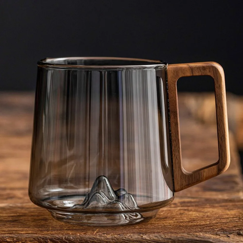 

Internal Mountain Protrusion Glass Cup Large Capacity Single-layer Water Drinking Cup Heat-resistant Wooden Handle Tea Cup Gift