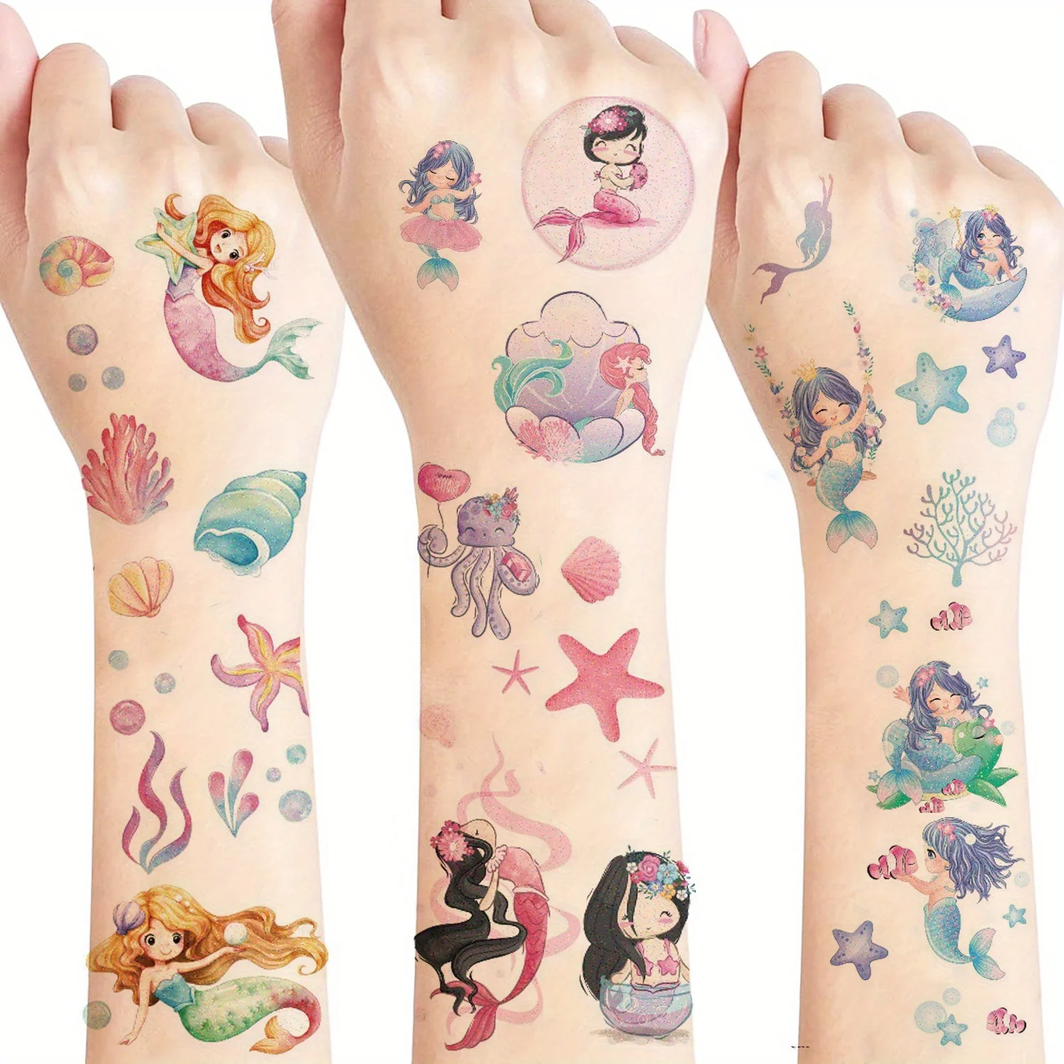 

12 листов татуировки наклейки блестящая Русалка океан море животные временные татуировки наклейки, милый дизайн водонепроницаемый
