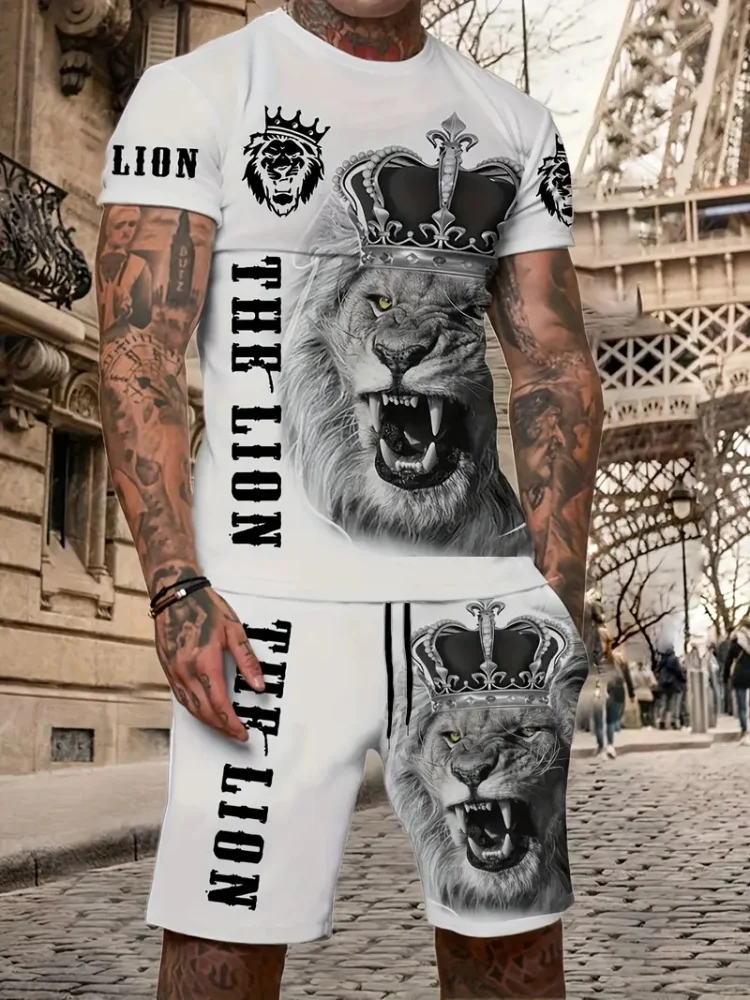 New Lion King 3D Printed Short Sleeve T-shirt Shorts 2 Piece Summer Men\'s Fashion Street Fashion Short Sleeve Suit Casual