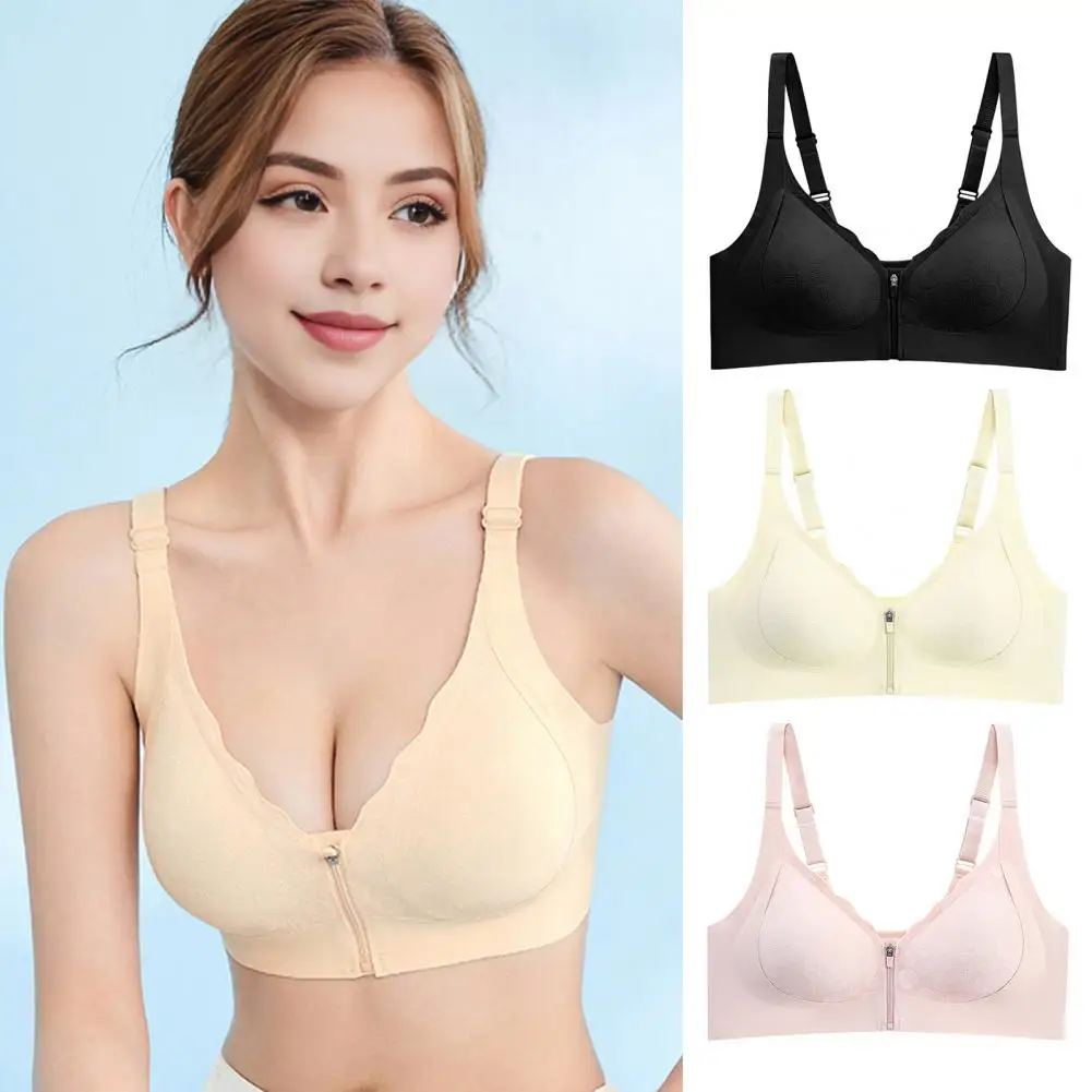 

Women Bra Adjustable Elastic Strap Front Zipper Closure Solid Color Shockproof Push-up Anti-snagging Wireless Seamless Yoga Dail