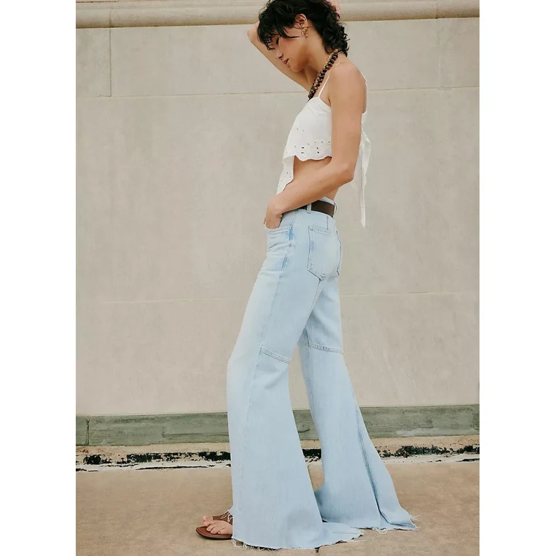 플레어 팬츠 여성용 바닥 길이 바지 유럽 및 미국 스타일 패치워크 청바지 하이웨이스트 패션 롱 팬츠