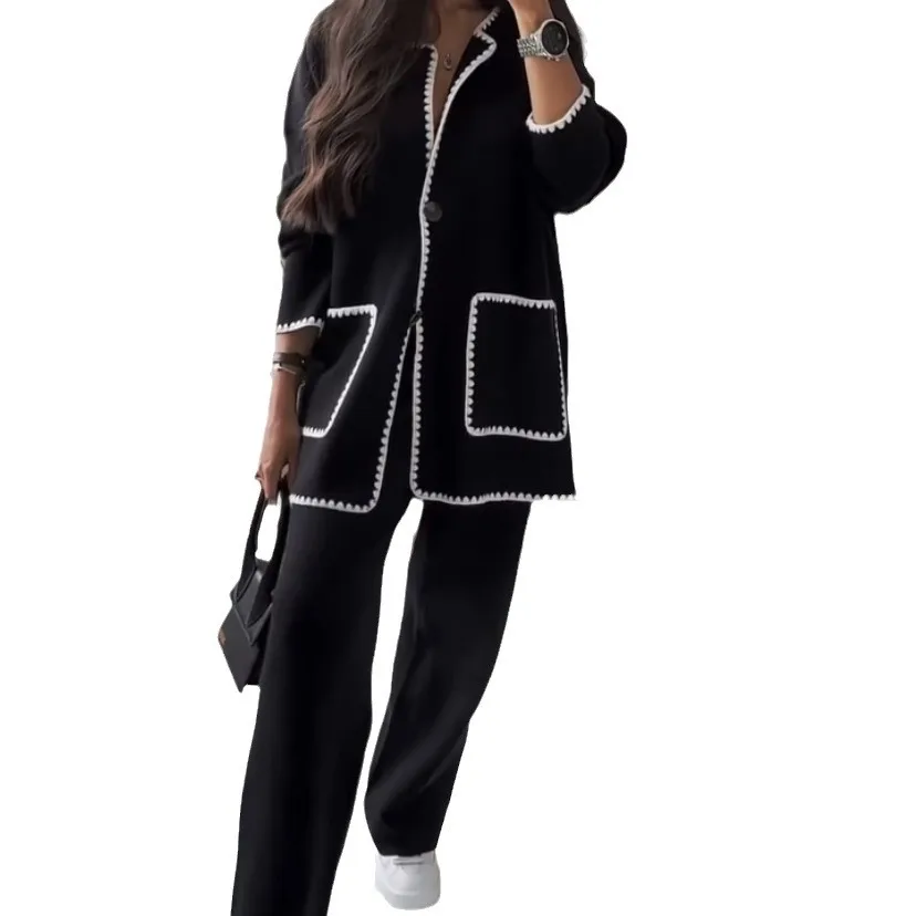 Casual Loose Cardigan Coat 2-Piece Set Women Fashion Patchwork Pocket Woolen Jacket Straight Long Pant Two Piece Suit Oversized