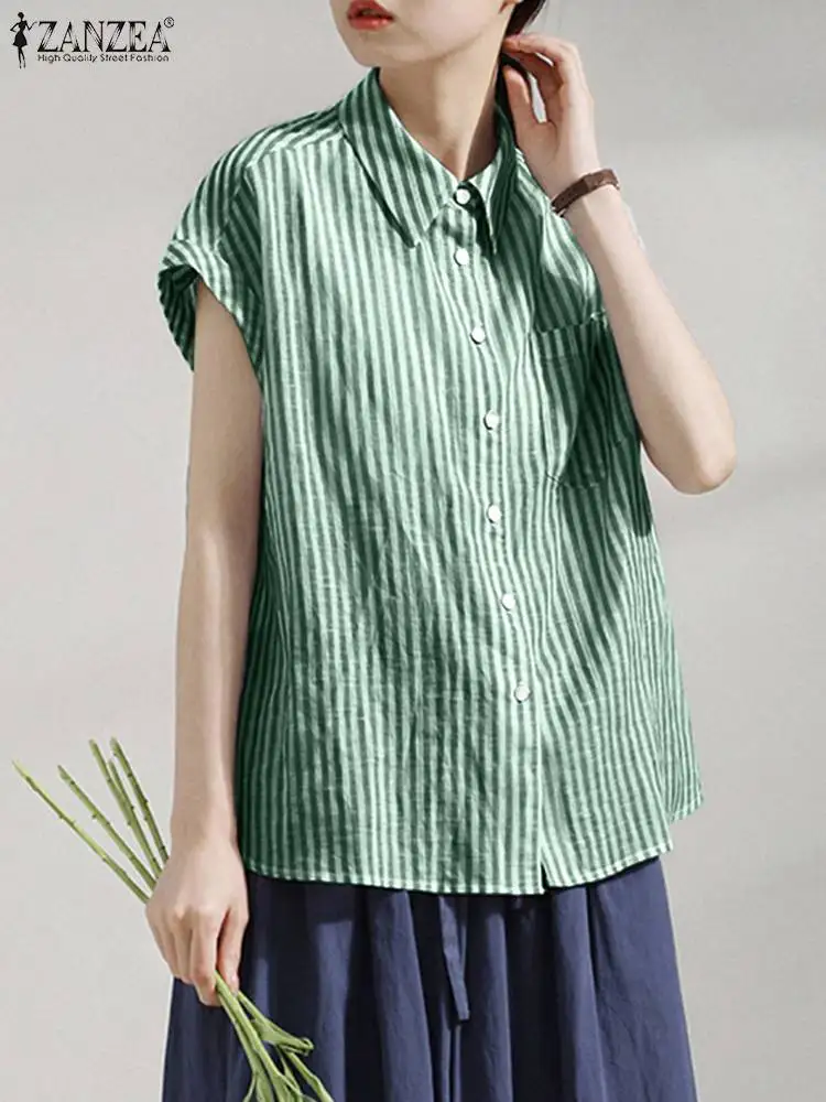 ZANZEA Summer Stripe Printed Women Blouse Lapel Neck Short Sleeve Shirt Casual Blusas Fashion OL Work Tops Buttons Down Chemise