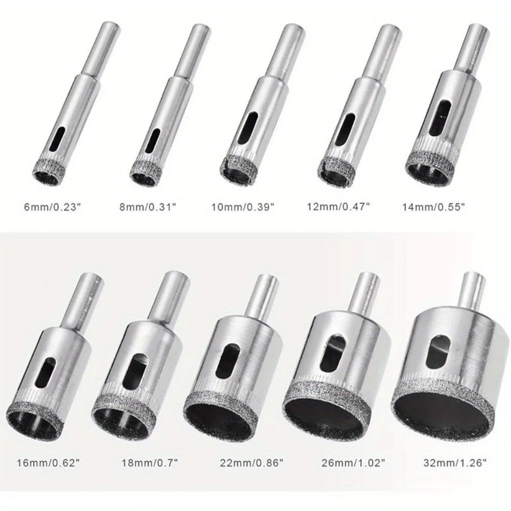 10 Piece Diamond Coated Drill Set Tile Marble Glass Hole Saws High Speed Multifunctional 0.23 to 1.26 Inch Ideal for Power Tools