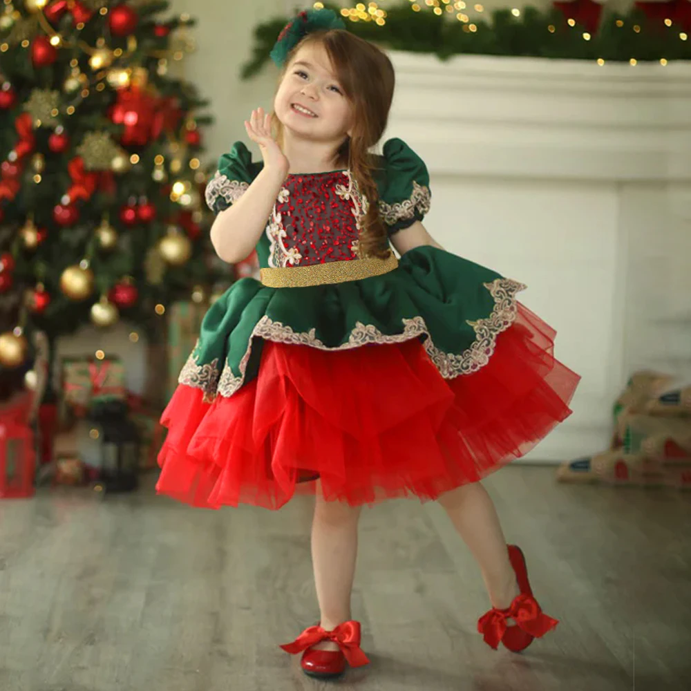 Red Green Christmas Girls Party Dresses Fluffy Tulle Sequin Wedding Birthday Princess Dress for Girl Bow Bridemaid Prom Costumes