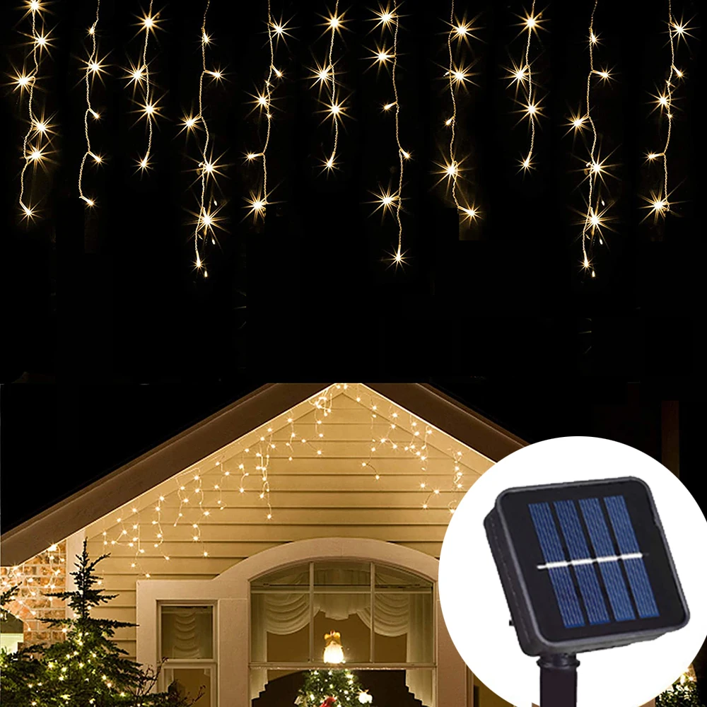 4 متر/8 متر الشمسية LED جليد سلسلة أضواء عيد ميلاد الستار الجنية أضواء جارلاند في الهواء الطلق للعام الجديد الزفاف شارع تزيين في العطلة #1