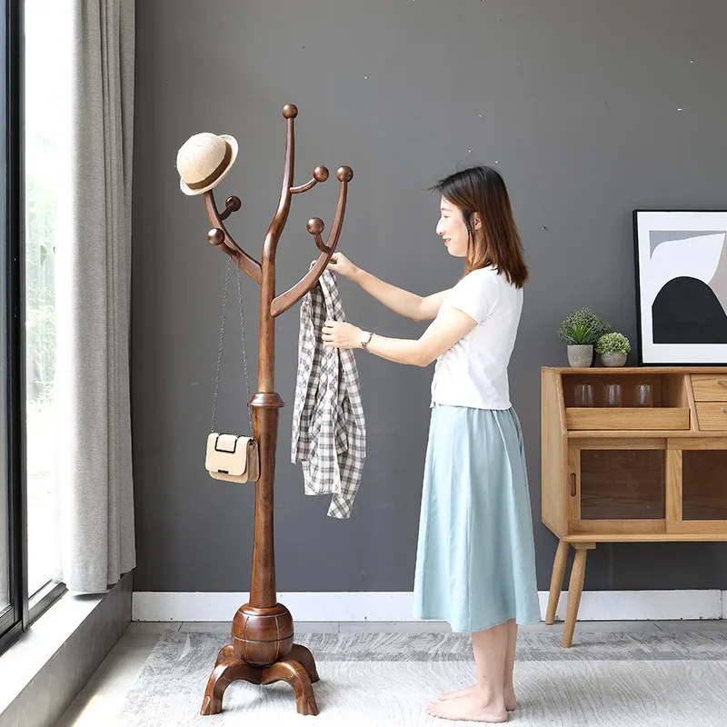Wooden Coat Rack Floor Standing Tree Style Creative Clothing Hanger for Modern American Bedroom Living Room