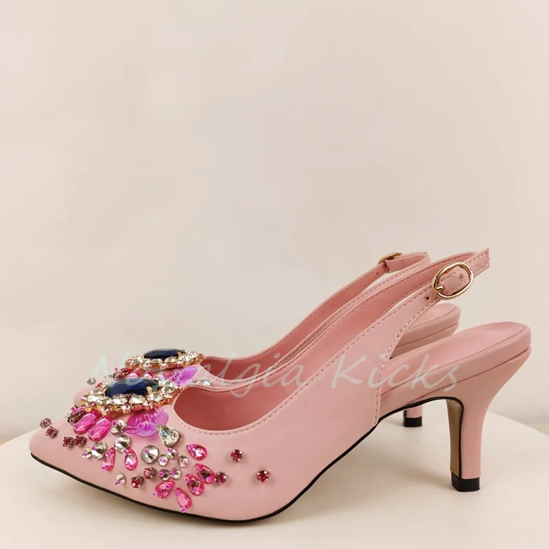2024, розовые сверкающие сандалии со стразами и острым носком, вечерние модельные туфли на высоком каблуке-шпильке с открытой пяткой, элегантная пикантная женская обувь