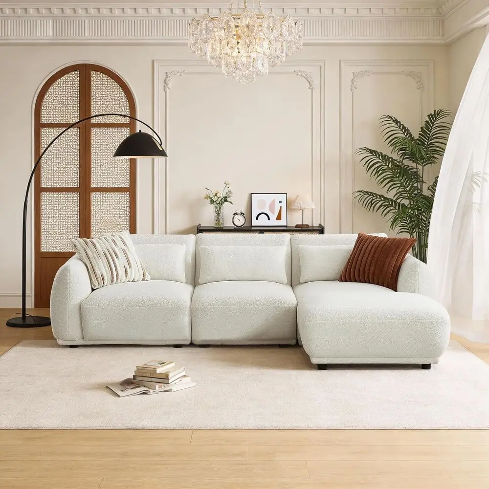 

L-Shaped Sectional Sofa with Removable Ottoman, Ideal for Small Spaces and Living Rooms - 3-Piece Set + Ottomans in White