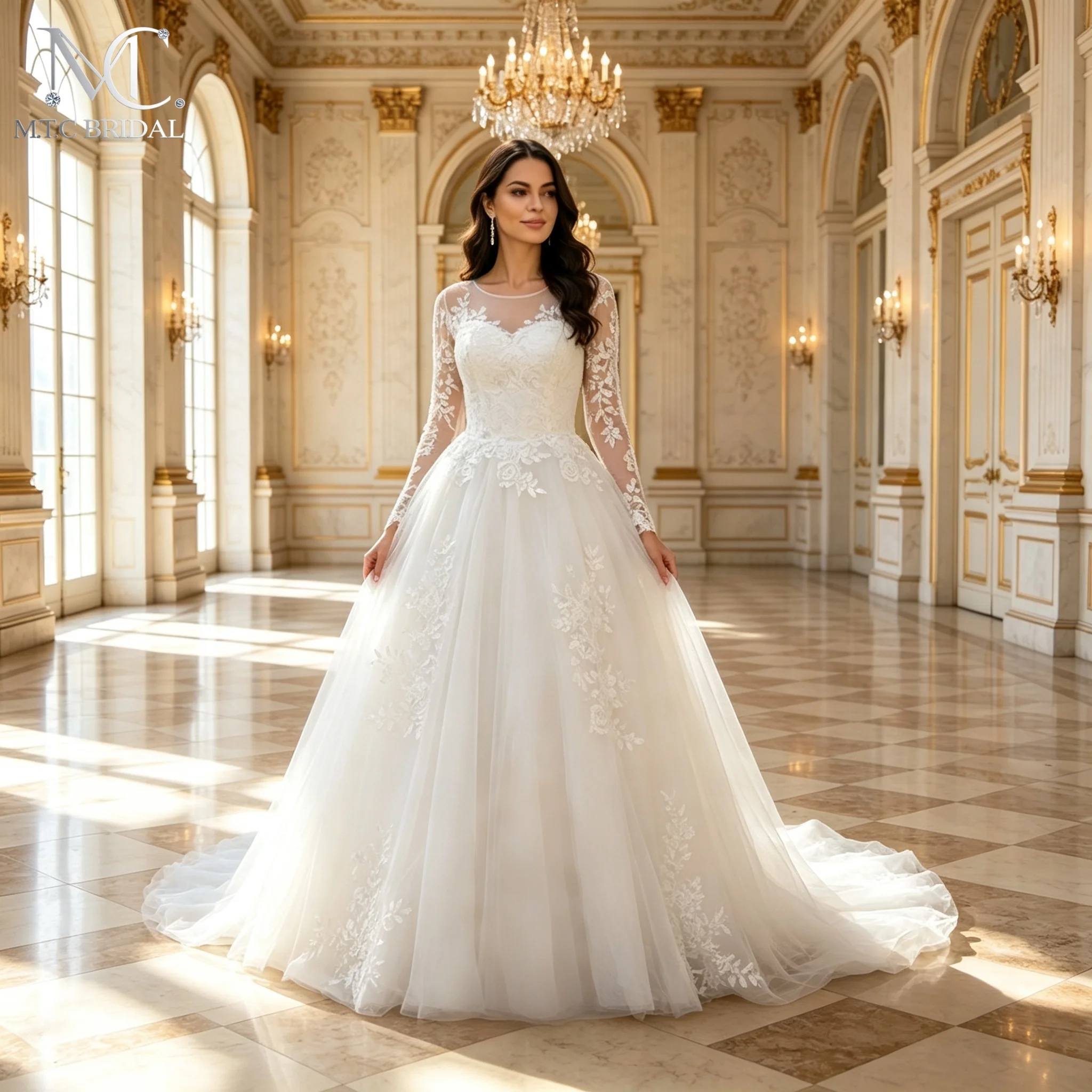 Elegant Long Sleeves White Tulle Wedding Dress A Line Sweep Train 2026 Morden Bridal Gowns Plus Size Vestido De Noiva
