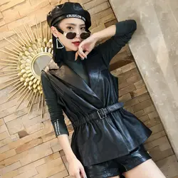 Women's Leather Vest, Female Waistcoat, Suit Collar, Nipped Waist, Sheepskin Tops, Belt, Slim Sleeveless Vest, Spring, Autumn