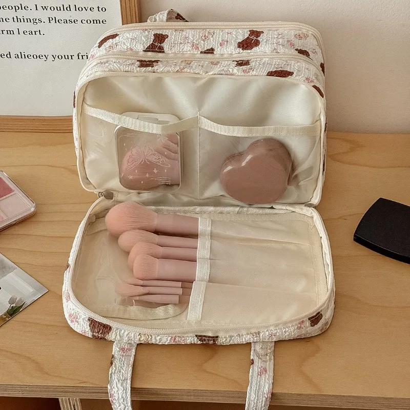 Wrinkle Bear Handheld Makeup Bag Multi Functional and Large Capacity Multi Layer Partitioning Makeup Bag Handbag