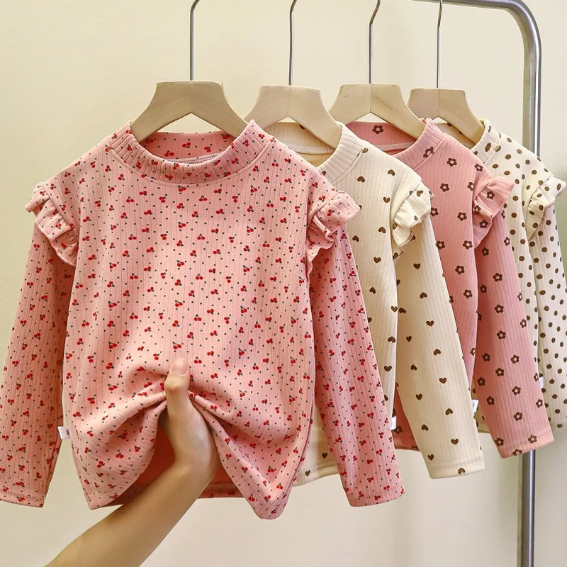 Girl Tees Autumn Spring Winter Floral  Print Infant T-shirt Toddler Girl Top Flying Sleeves T Shirt Kids Long Sleeved Undershirt