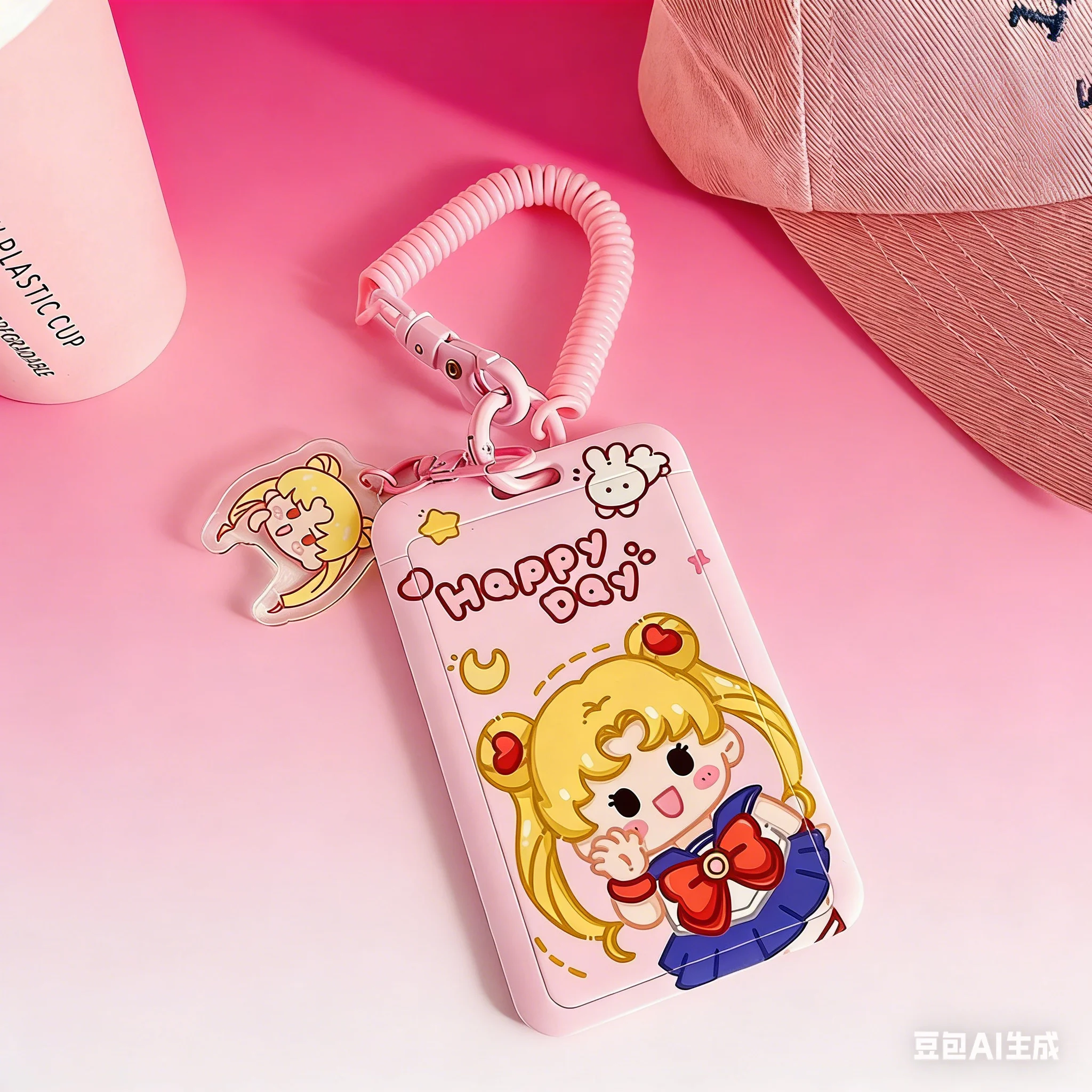 Kawaii Sailor Moon Keychain Case Cartoon Sliding Holder Student Meal Card Bus Card Lady ID Card Credit Holder view 3
