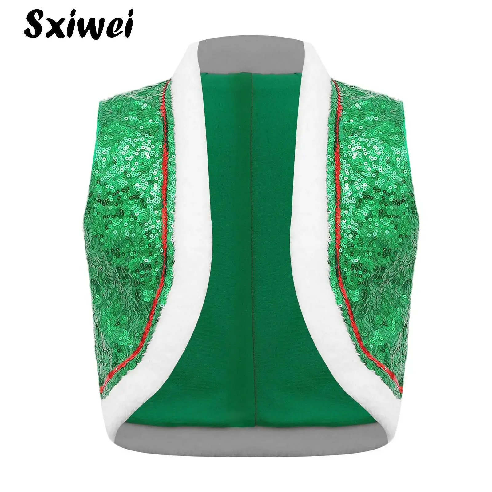

Boys Girls Sequined Christmas Dance Hip Hop Performance Vests Jacket Waistcoat Faux Fur Hem Xmas Santa Elf Cosplay Costume