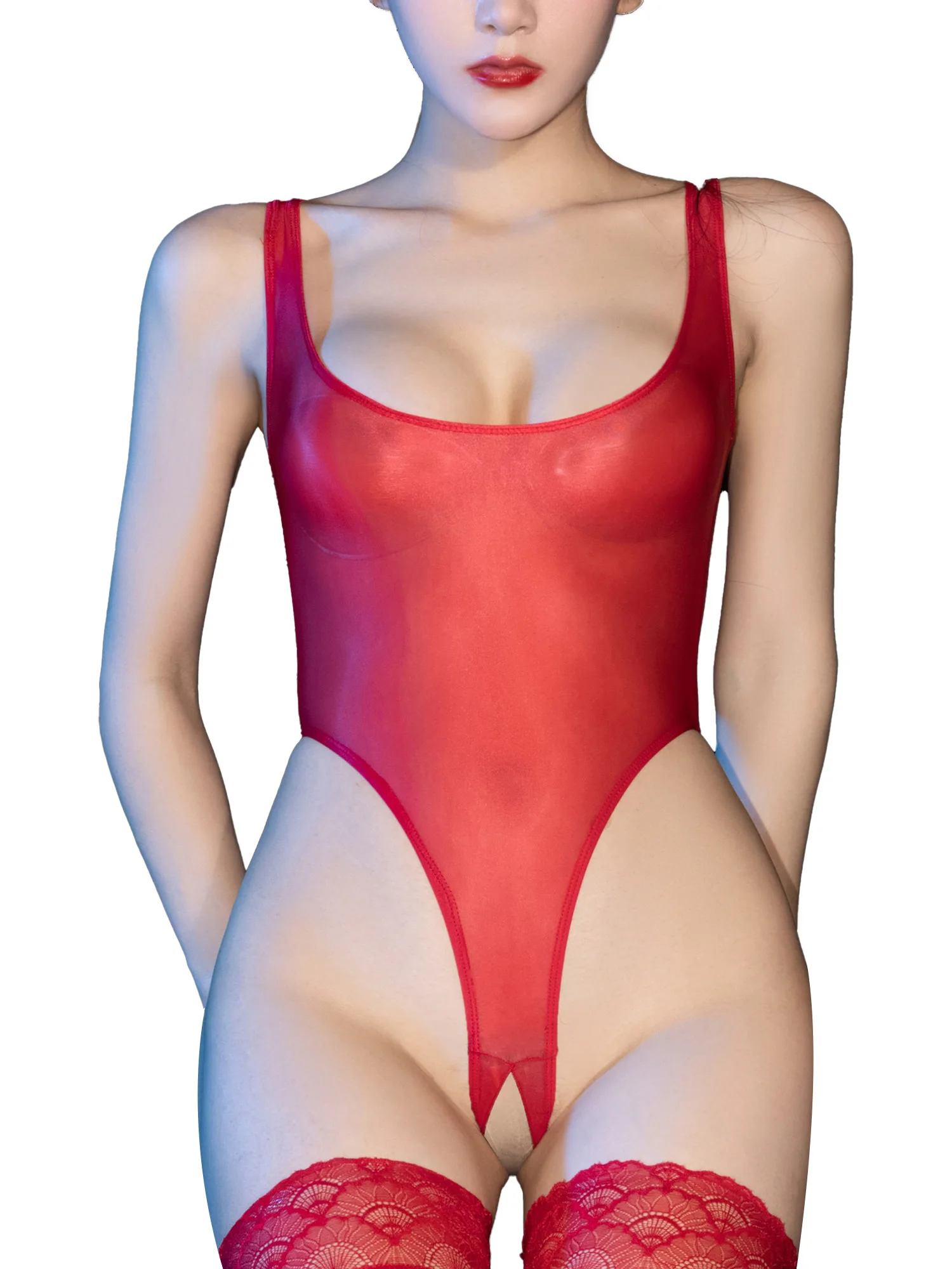 Womens Glossy U Neck Open Crotch Bodysuit Exotic Teddies See-through Stretchy High Cut Sleeveless Leotard Lingerie Sleepwear