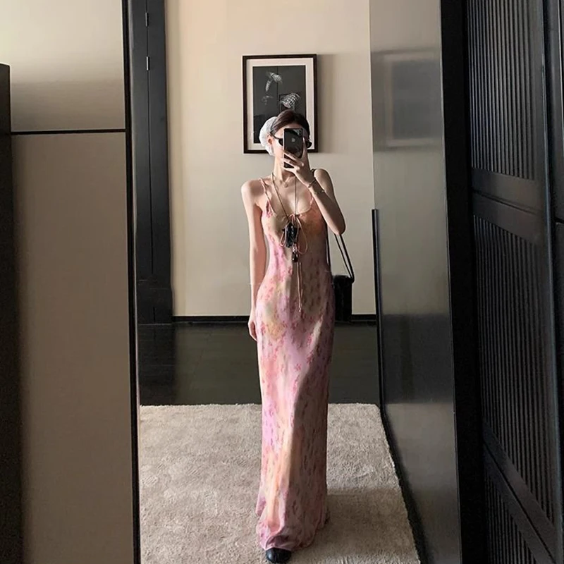 เซ็กซี่พิมพ์ Camis ชุดผู้หญิงเกาหลีแฟชั่น Slim ดอกไม้สปาเก็ตตี้ฤดูร้อน Retro Harajuku แขนกุดพรรค Vestidos