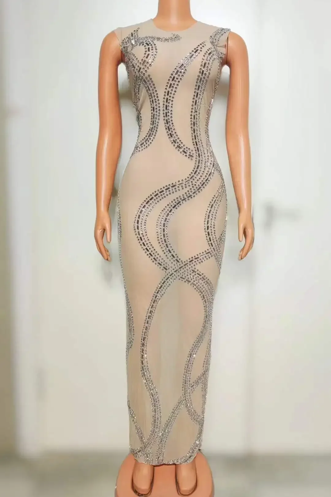 Mesh Sheer Elegantes Ärmelloses Langes Kleid Für Frauen Schwangere Heißer Bohren Prozess Strass Geburtstag Königin Drag Queen Kostüm