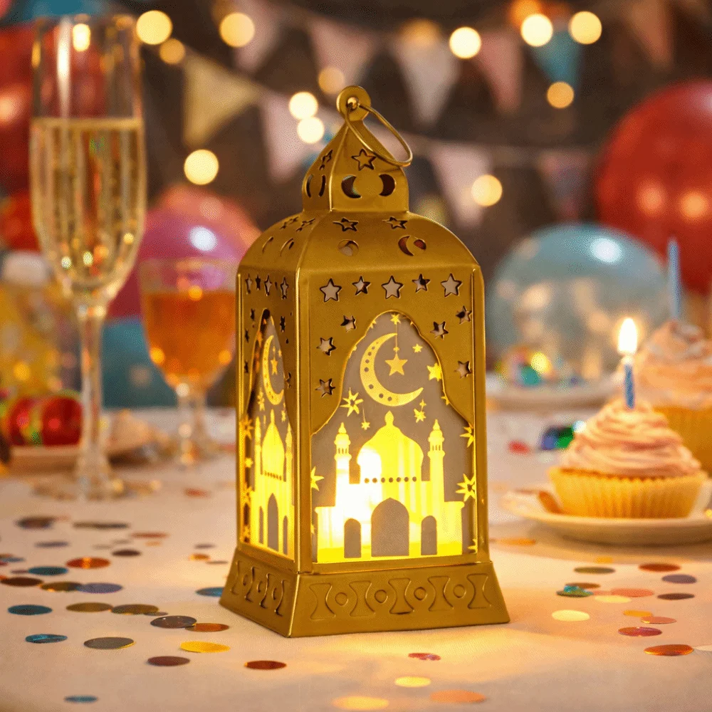 

Vintage Eid Mubarak Lantern Lamp Middle Eastern Style Plastic Ramadan Crescent Candle Lamp Distressed Reusable Moon Lantern