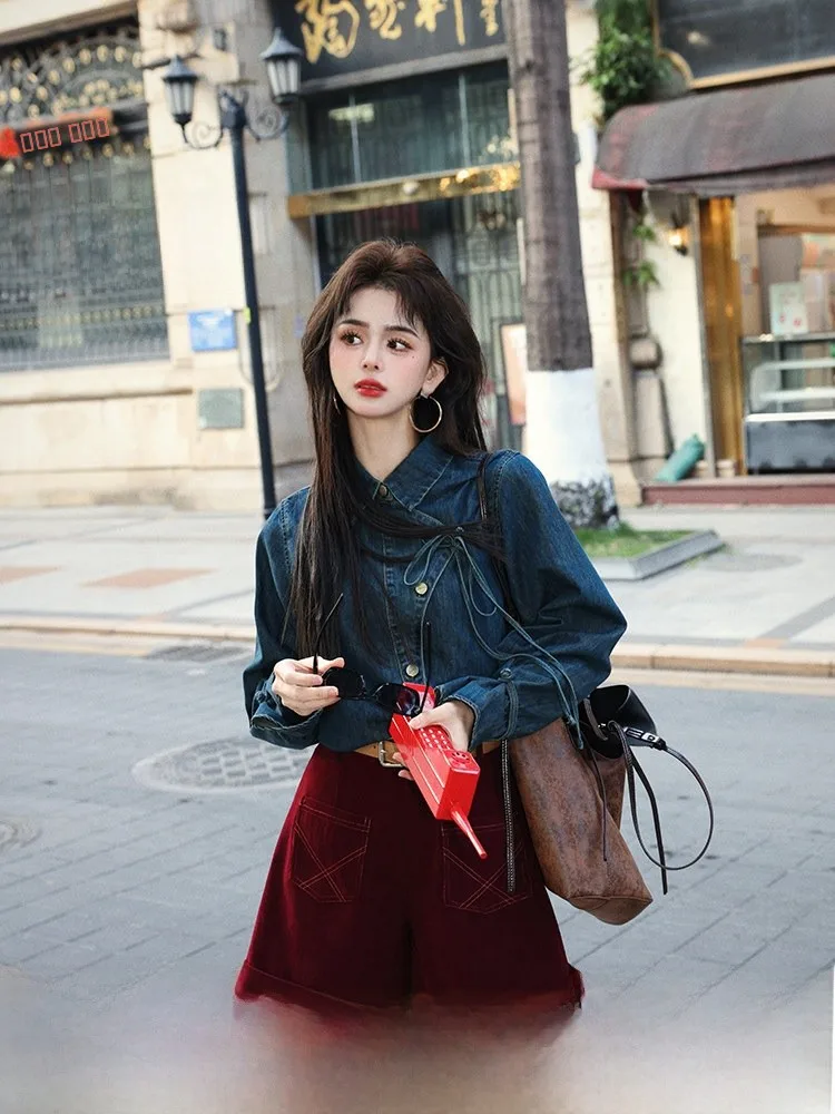 

Chen Jiajie Vintage Long Sve Denim irt Women Loose Slimming Unique Design Top Button up Cotton Polyester Blend