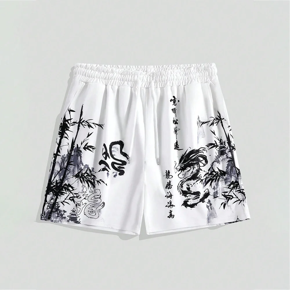 Fashion Design Printed Pocket Shorts Hip Hop Street Men's Drawstring Shorts Summer Plus Size Loose Elastic Waist Beach Shorts