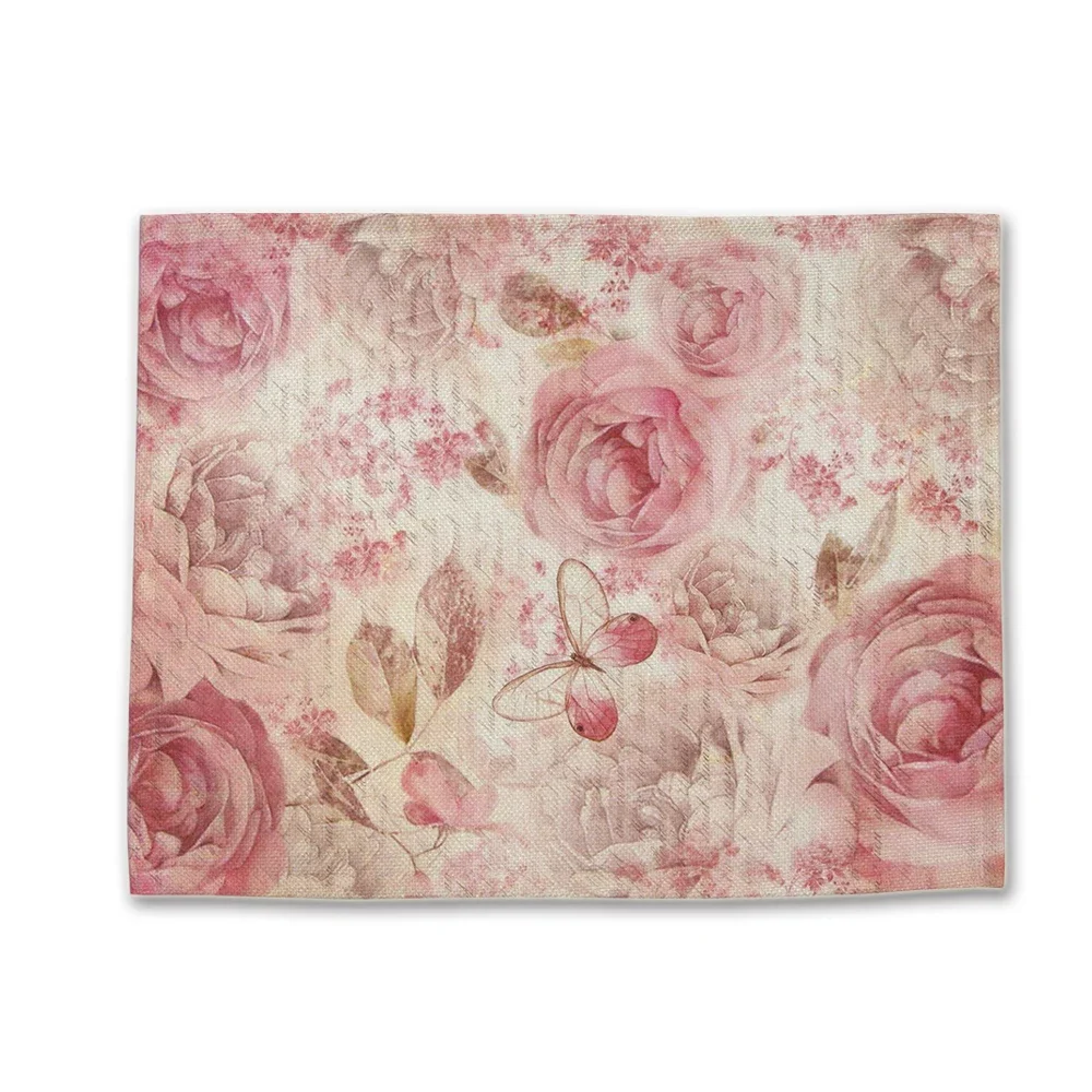 Pink Shabby Chic Vintage Flower Rose Placemat Decoupage Stamperia Coaster Linen Table Xmas Decor Pad Bowl Coffee Cup Mat 45x32CM