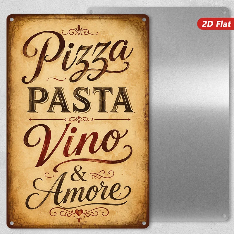 2D Flat, 1pc Italian Kitchen Quote Metal Sign Wall Art, Home Decor, Pizza Pasta Vino Amore Text, Vintage Parchment Background