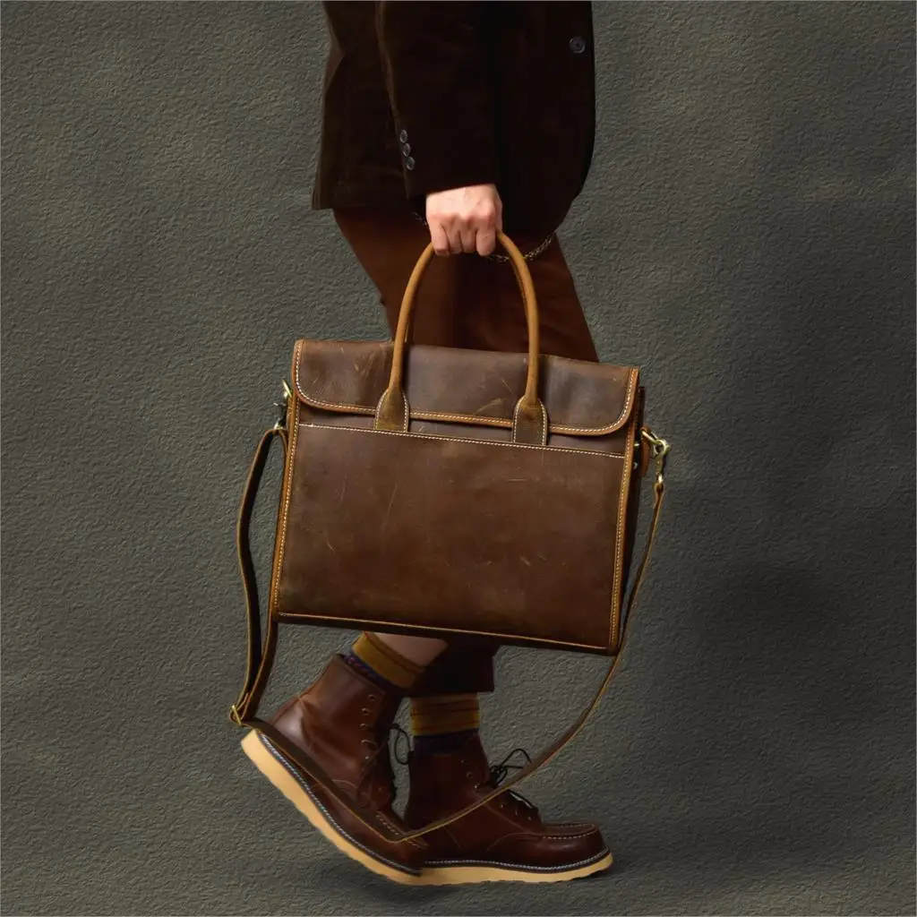 Crazy Horse Leather Men Handbags Thin Briefcase Retro Cowhide Crossbody Shoulder Bag Everyday Laptop Bags male 2024 new