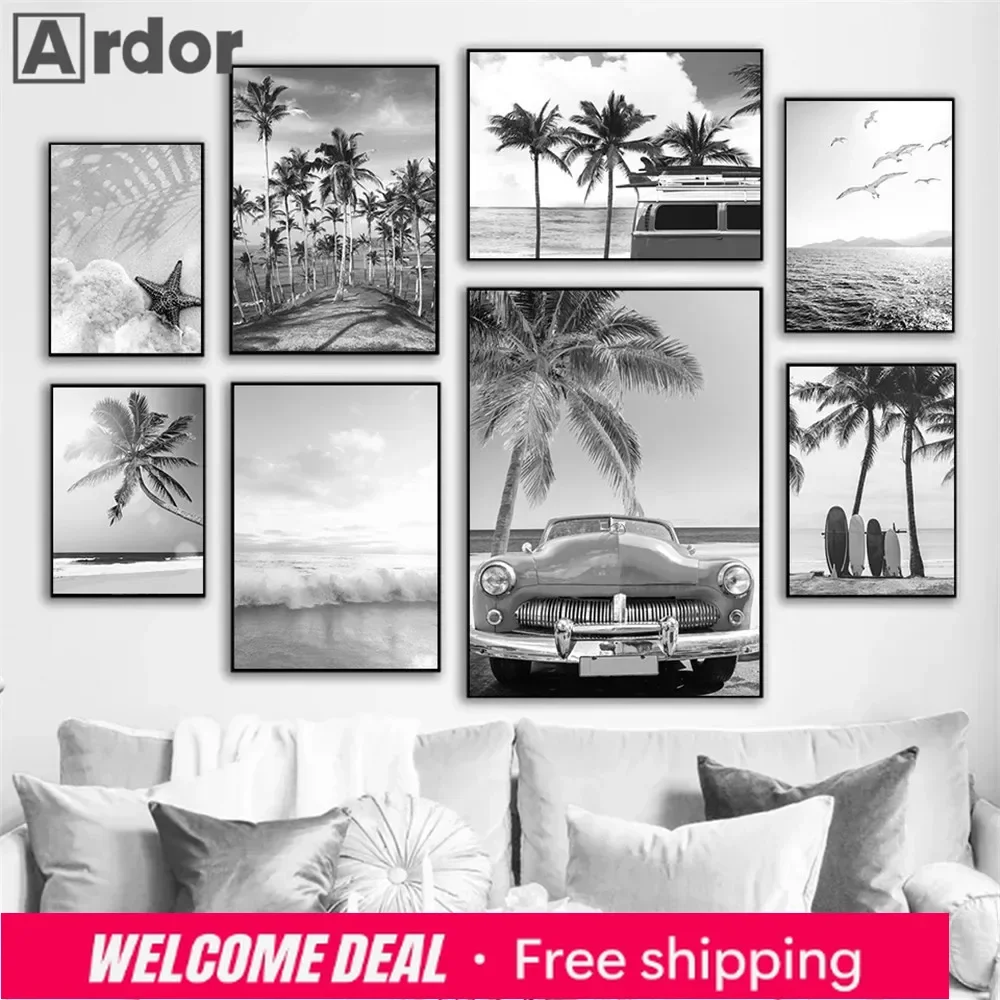 2026 Schwarz-Weiß Seestern Strand Wandposter Auto Palme Sommer Landschaft Kunstdruck Leinwandbilder Nordische Heimdekoration