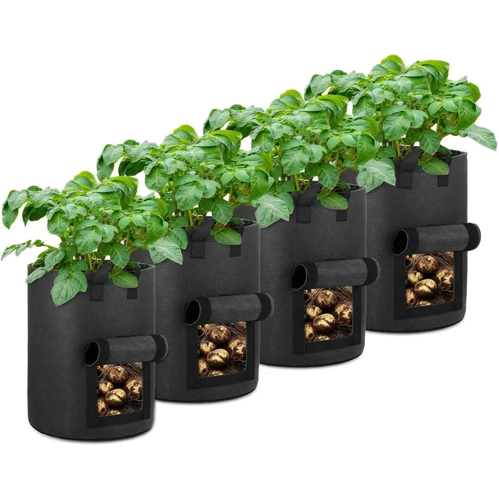 4-Pack 10 Gallon Potato Grow Bags with Lap Window, Heavy Duty Aeration Fabric Pots with Handles for Garden and Planting (Black)