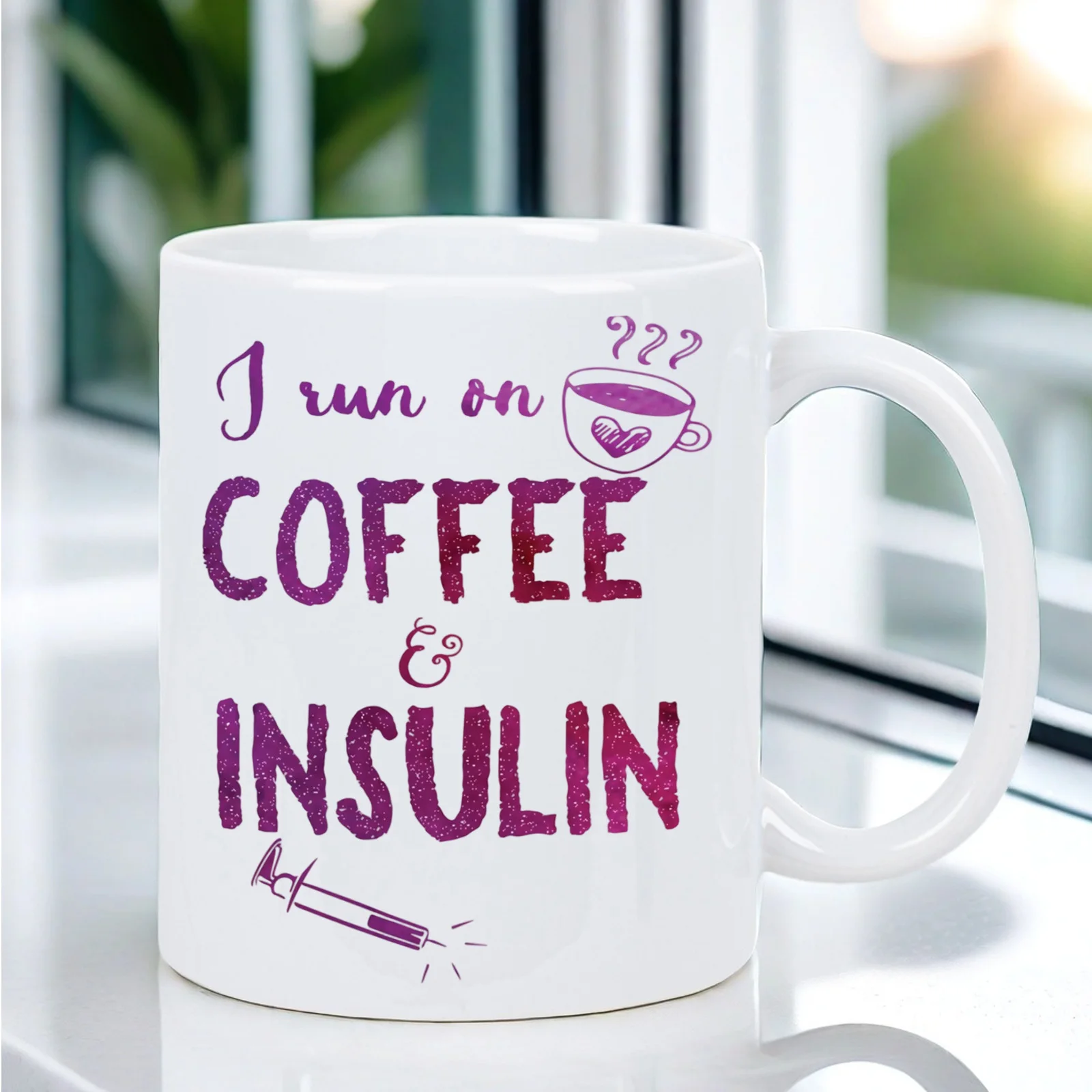 Funny Diabetes Coffee Mug- I Run on Coffee and Insulin Ceramic Cup Design- White Mug with Purple Lettering- Gift for Diabetics
