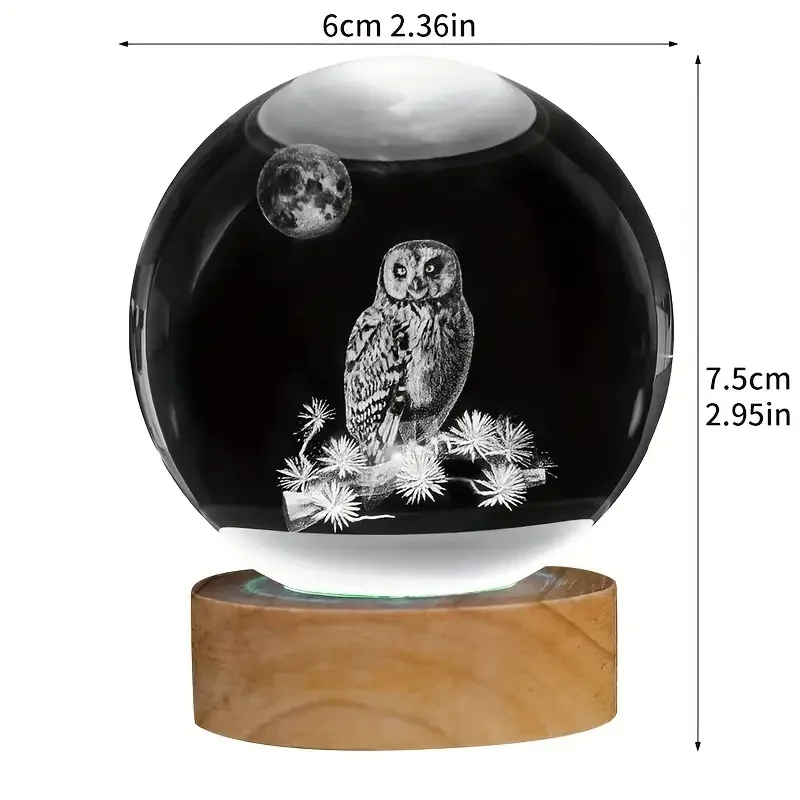 1 pc 3D Owl Crystal ball color laser engraving nightlight, holiday gifts for friends, family, home decoration nightlight