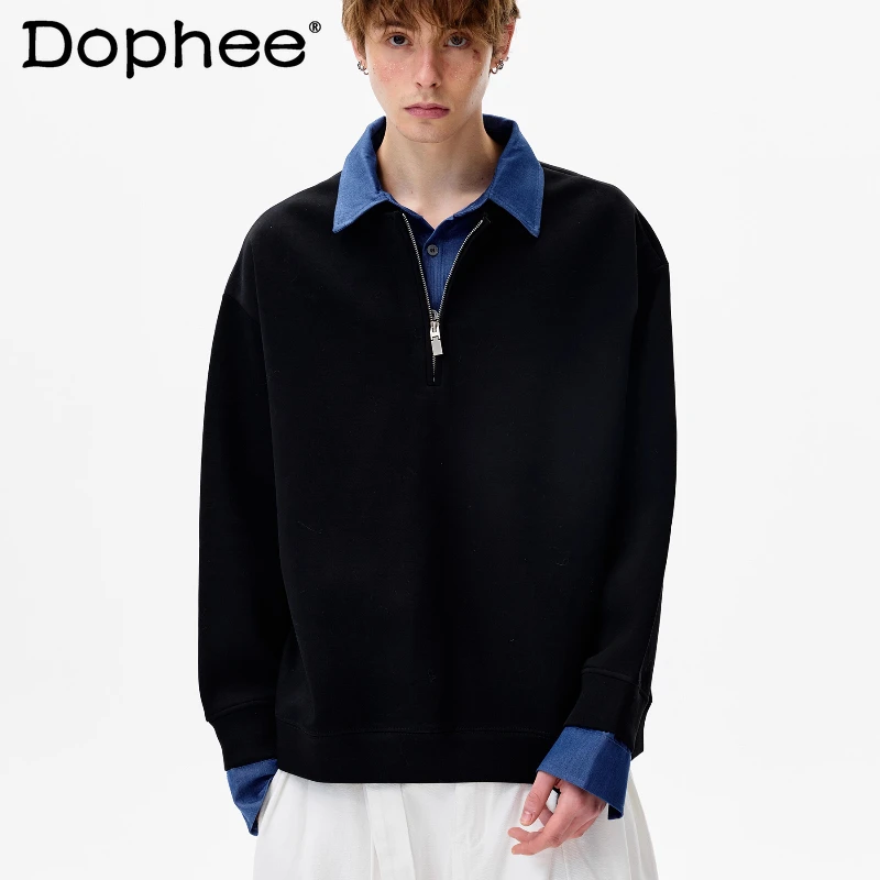 

Men's 2025 Autumn Winter New Long Sleeve Fashion Faux Two-Piece Half-Zip Pullover Stylish Sweatshirts Color Matching Sweatshirts