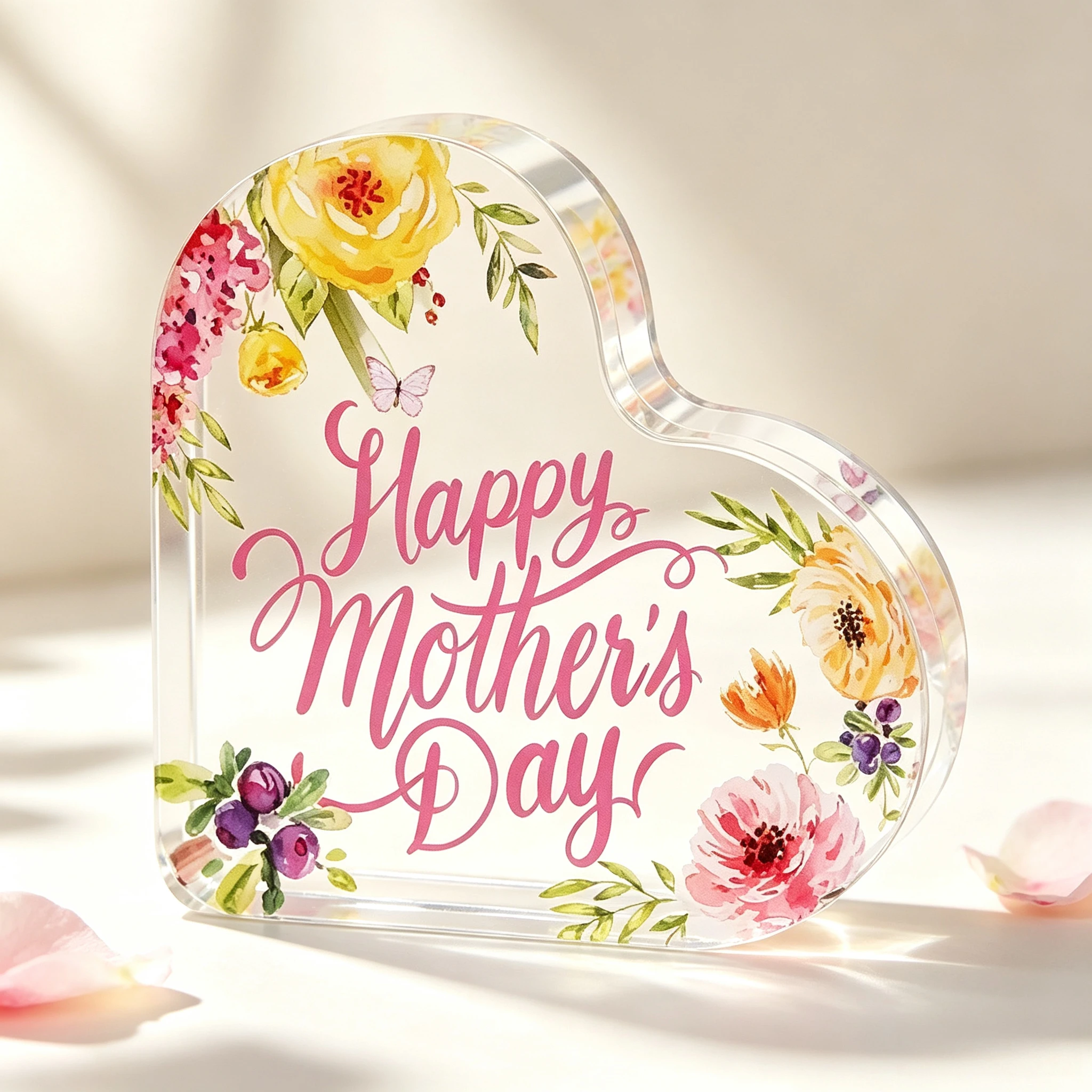 Heart‑Shaped Acrylic Plaque Happy Mother's Day Watercolor Floral Butterfly Desktop Ornament Mother's Day Home Decor Gift for Mom