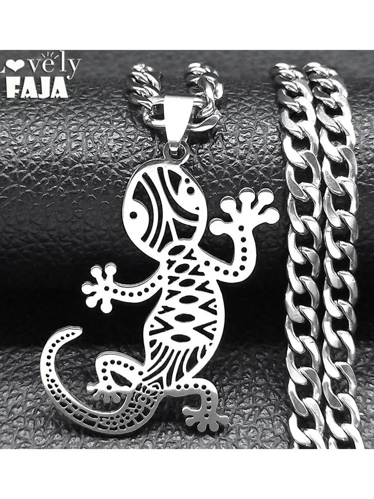 Lucky Lizard Gecko Collier en Acier Inoxydable pour Hommes et Femmes, Bijoux Cadeaux, Hip Hop, Punk, Pendentifs Pendentifs, Animal, NZZZ515S03