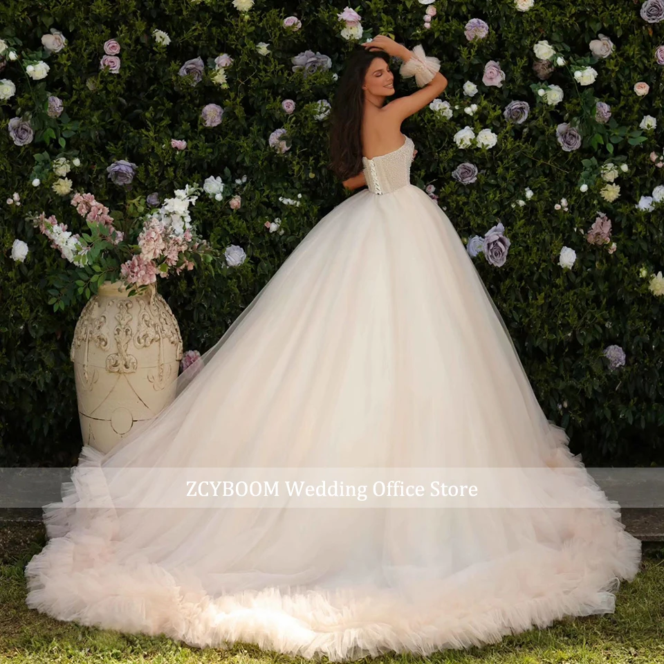 Luxury Sweetheart Tulle Ruffles Ball Gown Wedding Dress 2026 Princess Strapless Glitter Beaded Women Bride Gown Vestido De Novia