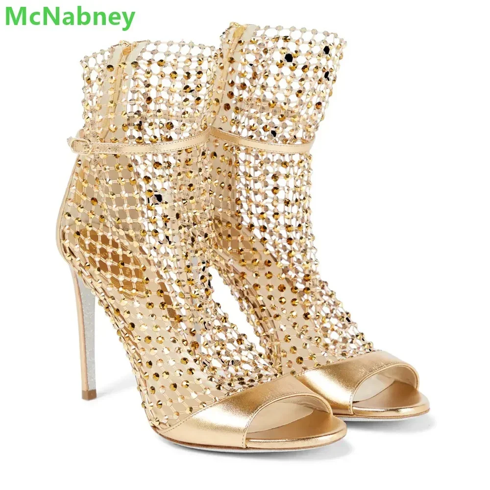 

Mesh Gleaming Crystals Hollow Boots For Women Luxury Designer Back Zipper Peep Toe Thin High Heel Solid Fashion Summer Shoes