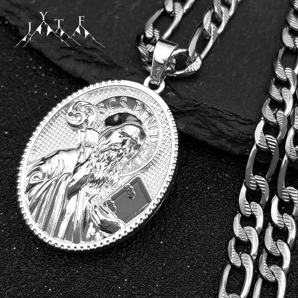 Catholic Saint Benedict Medal Pendant Necklace for Women Men Hip Hop Stainless Steel Amulet Necklaces Party Jewelry San Benito