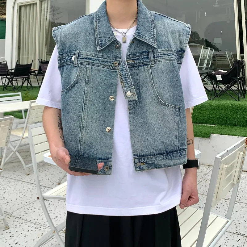 

Винтажный мужской жилет в корейском стиле с подплечниками, короткий без рукавов с отложным воротником, модный,