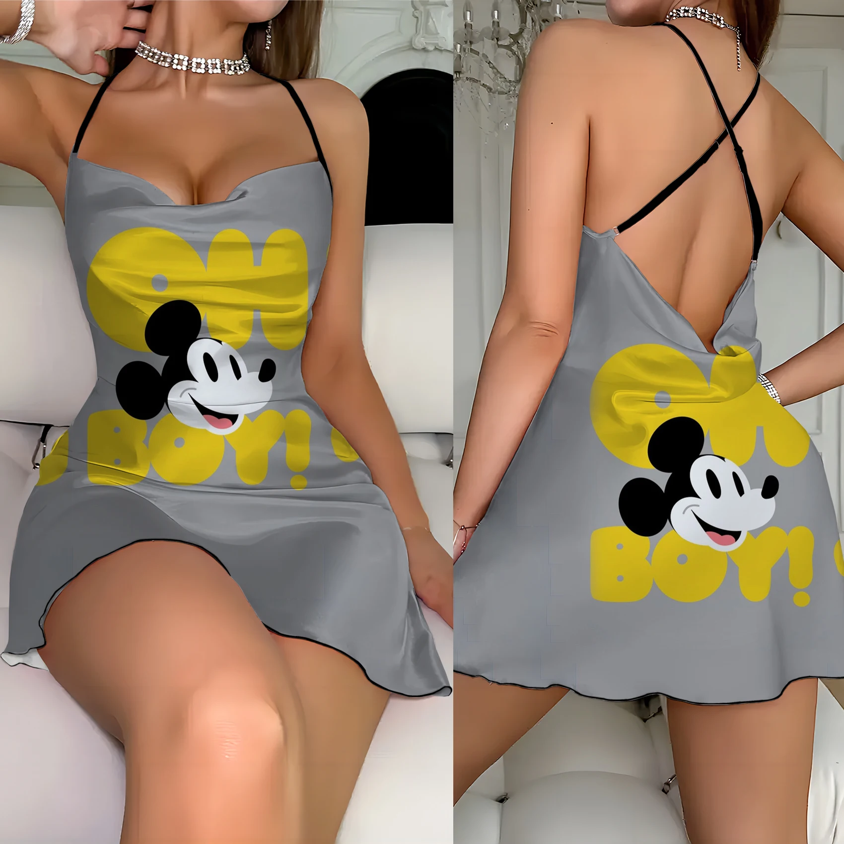 Slip Dress Mickey Fashion Summer Dresses 2024 Crew Neck Disney Minnie Mouse Lettuce Trim Elegant Women Backless Neck Dress Home