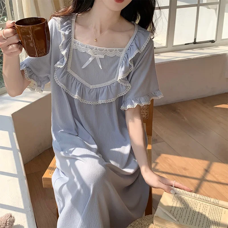 

Sexy Robe Short Sleeve Night Dress Princess Sleepwear Nightwear Vintage Women Long Nightdress Fairy Sweet Summer Lace Nightgown