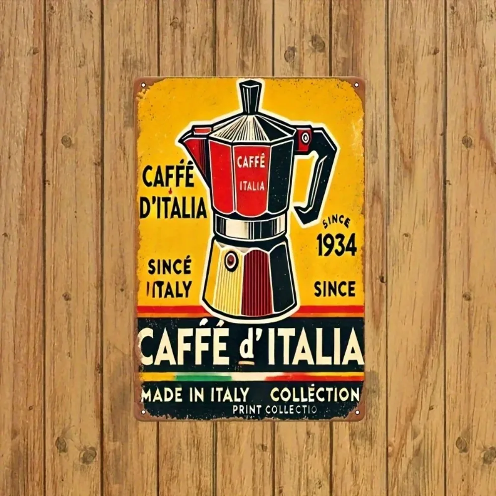 Aluminum metal vintage tin sign, kitchen wall decor, Caffe d'Italia colorful moka pot since 1934 rusted metal wall ornament