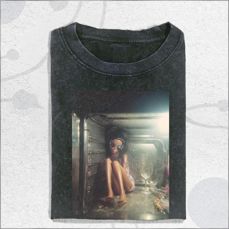 Vintage Wash Surreal Doll Tee, Retro Kitchen Fantasy Aesthetic Shirt, Summer Men's and Women's Washed T-shirt Top