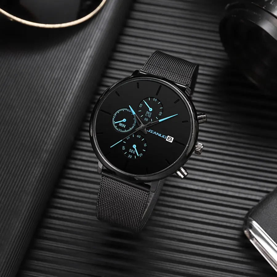 

Модная Корейская версия модные мужские часы с сеткой календарь три глаза Простые повседневные кварцевые часы с сетчатым ремешком