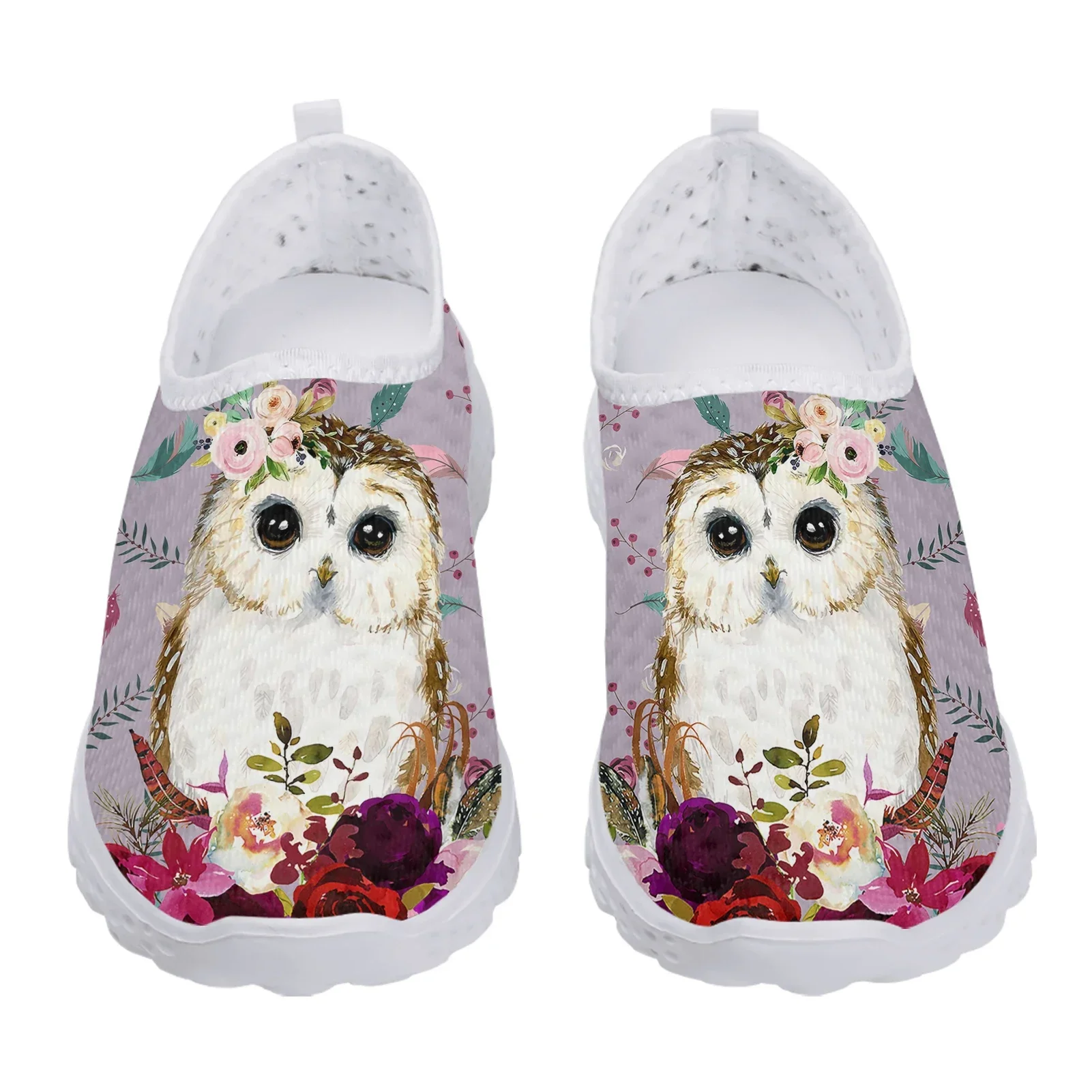 Lavender Cartoon Owl Flower Print Lightweight Flat Loafers Ladies Animal Print Summer Breathable Mesh Shoes Zapatos