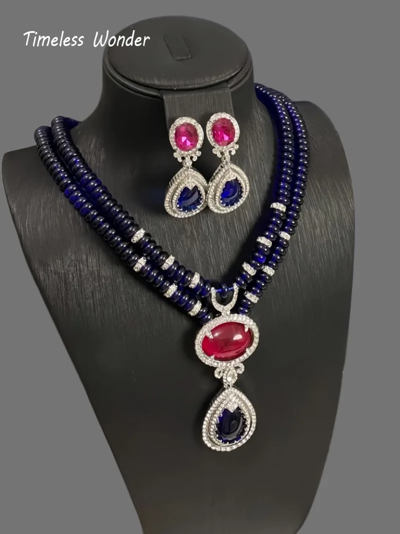 Timeless Wonder Fancy Zircon Geo Glass Beaded Pave Necklace Stud Earrings Women Designer Jewelry Set Sweet Top Rare Classy 4612