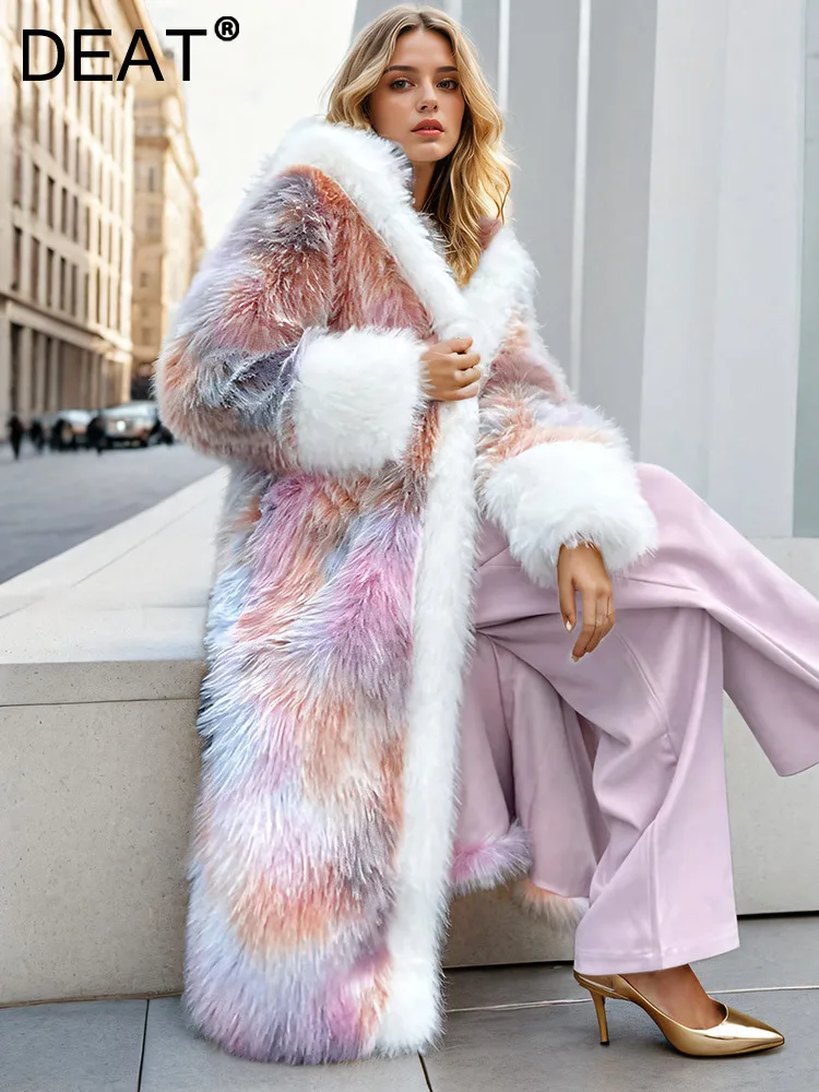 DEAT Fashion Tie Dye Pink Faux Fur Coat Women\'s Hooded Loose Long Sleeve Thick Plush Overcoat Winter 2024 New Tide 7AB6313