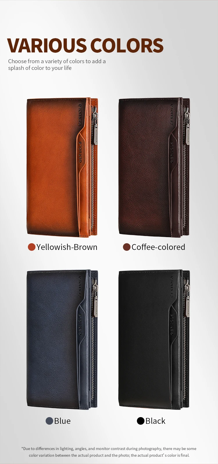 Neue Herren-Geldbörse aus echtem Leder, lange Handtasche aus Rindsleder, für Reisen, leicht, minimalistisch, große Kapazität, Diebstahlschutz, Farbverlauf, Gelb, Br – Detail 3