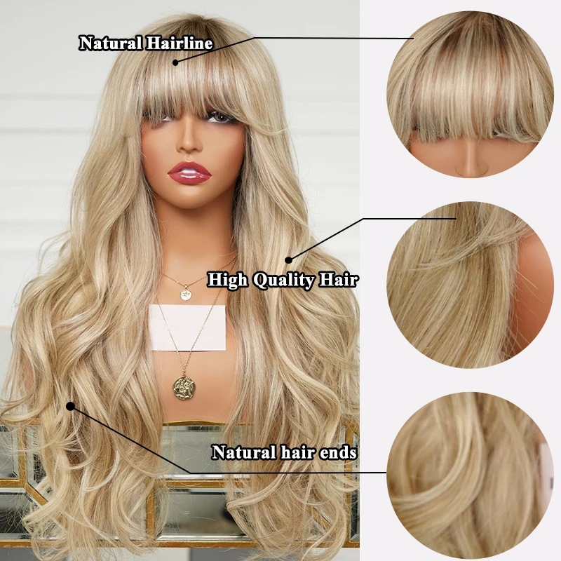 Long Curly Light Golden with Ombre Bangs for Women Mixed Blonde Synthetic Wigs Platinum Natural Wavy Daily Cosplay Use Hairs Wig